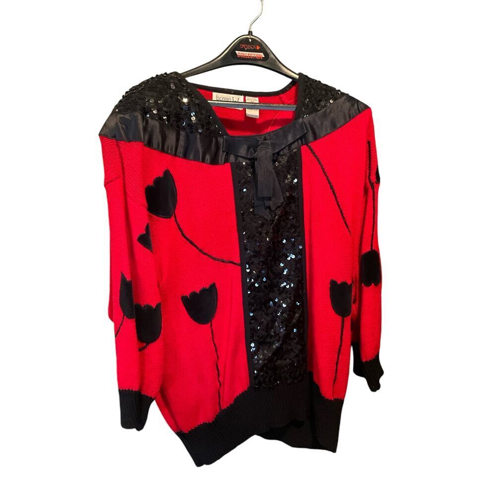 Bonnie & Bill by‎ Holly W Vintage 80s Tulip Sequin Sweater Red Womens Size 1X